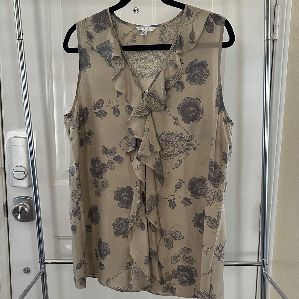 CAbi Beige and Black Floral Ruffle Blouse